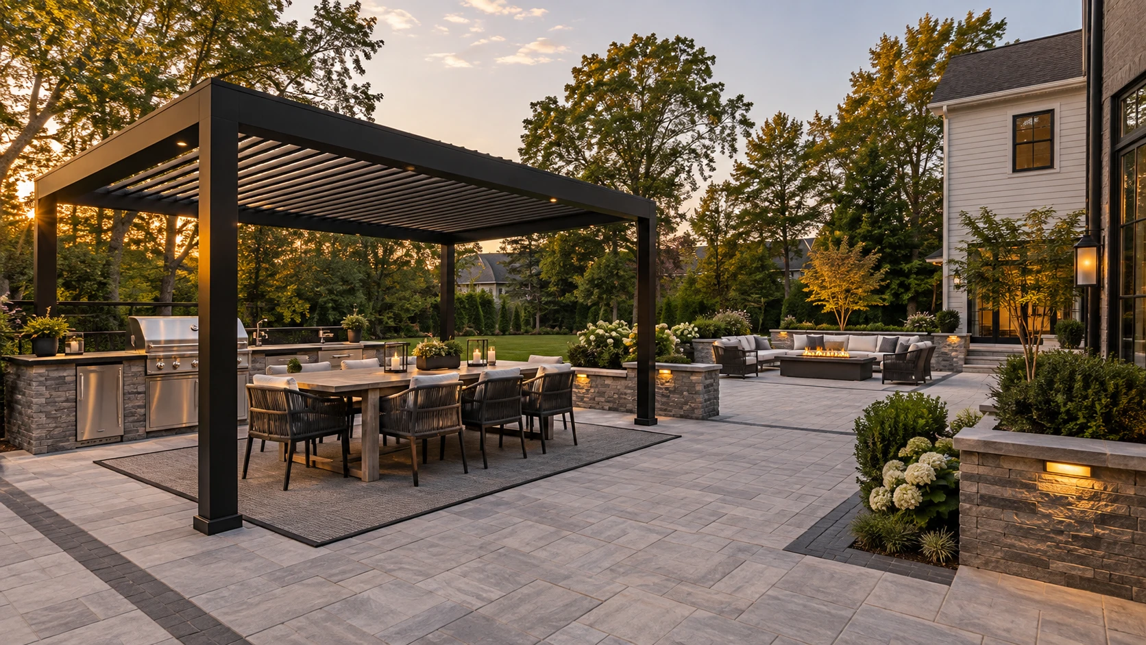 Outdoor living design concept with patio dining and an illuminated pergola
