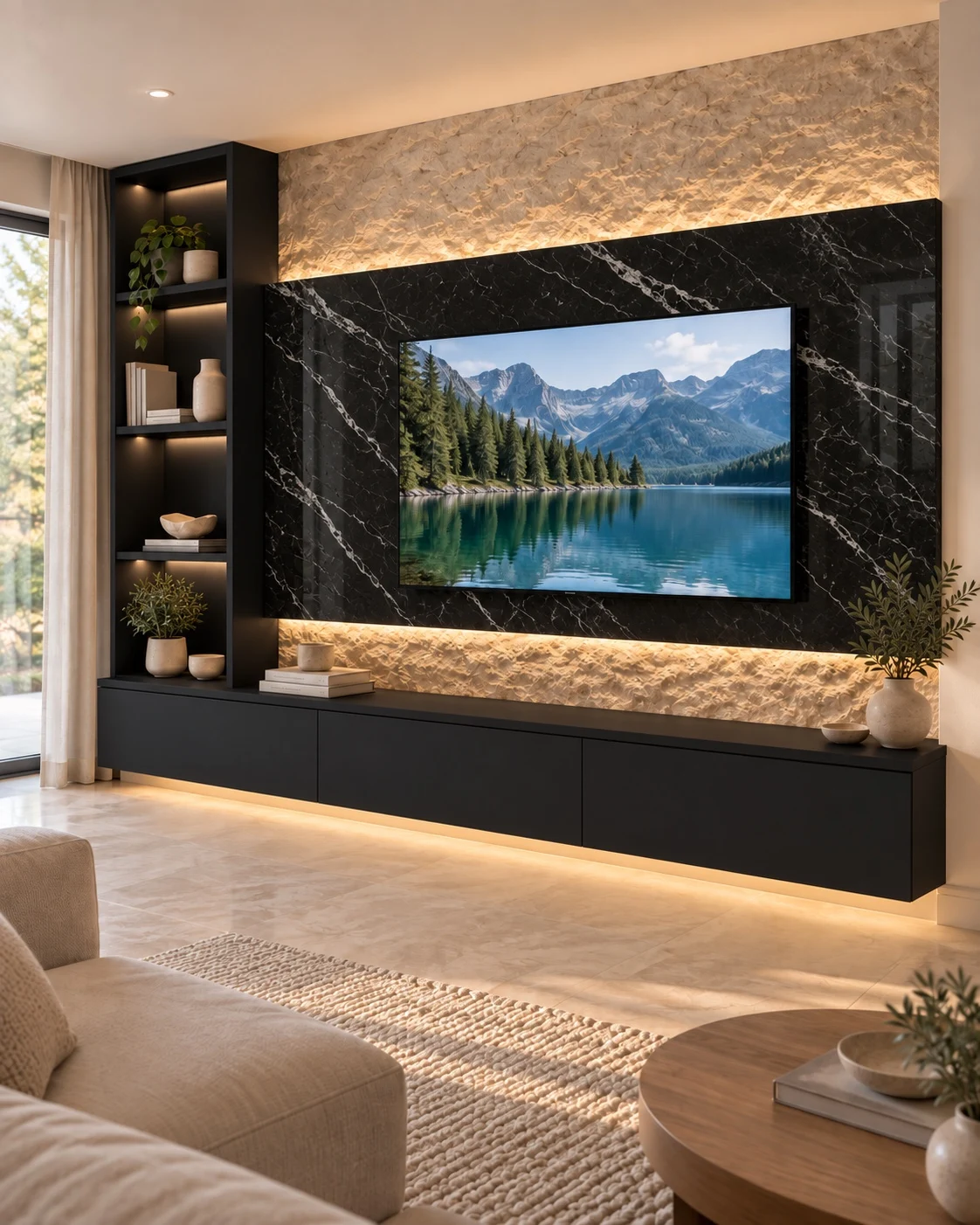 A dramatic black marble-look focal point with warm backlighting and dark storage.
