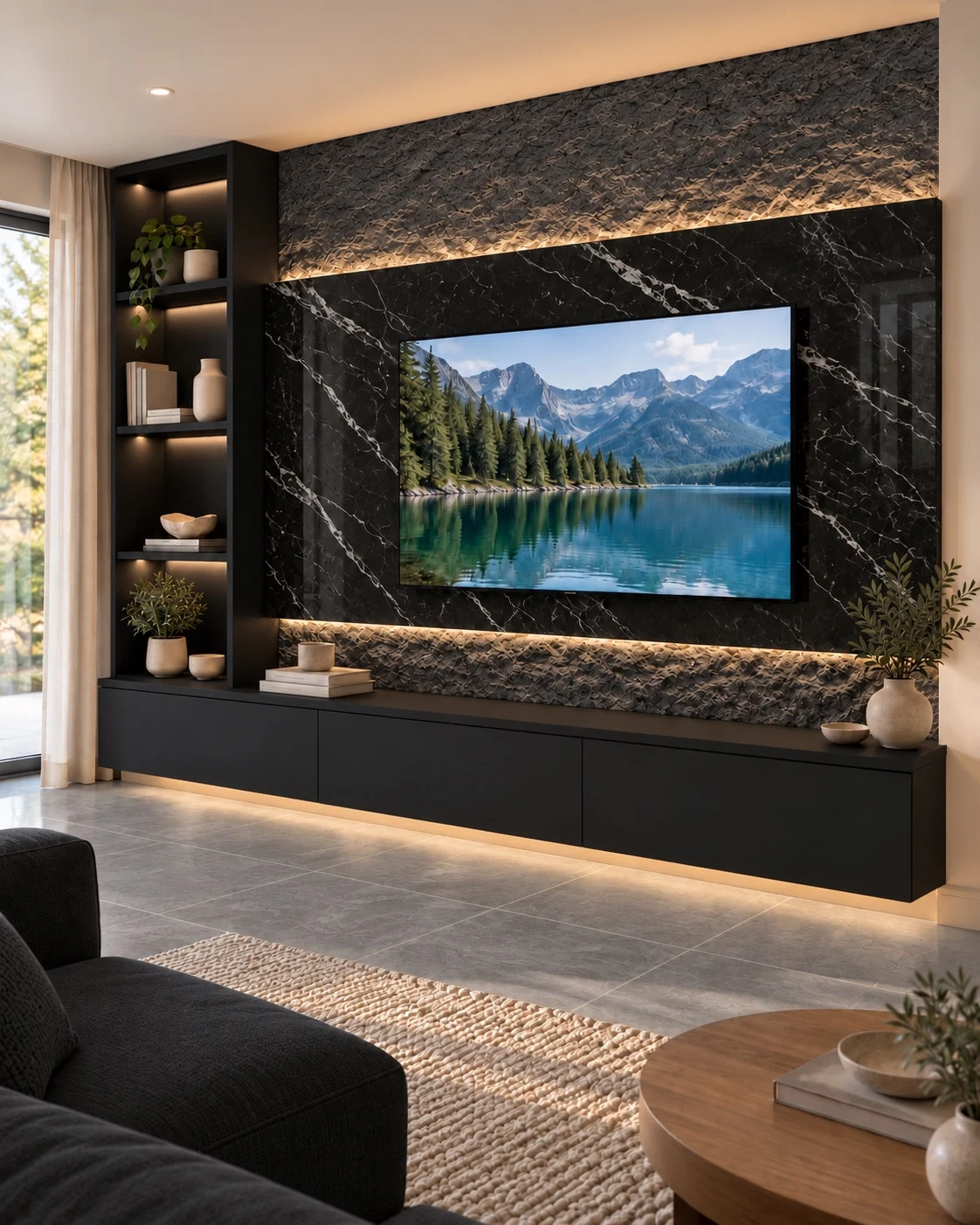 Layered charcoal finishes, a black marble-look center and a warm lighting outline.