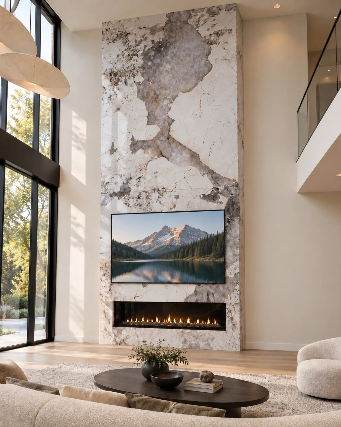 A floor-to-ceiling stone-look feature with a TV and linear fireplace.