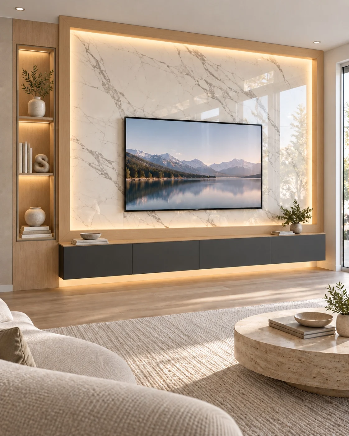 A bright marble-look feature framed by concealed lighting, with shelves and floating storage.