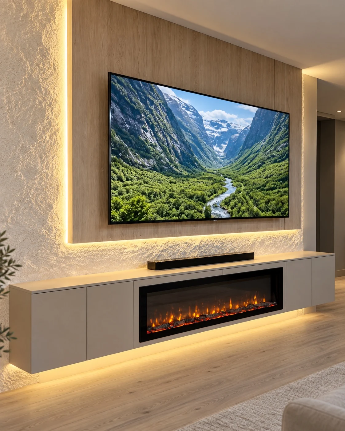 Wood and stone textures surround a TV, floating cabinetry and a linear fireplace.